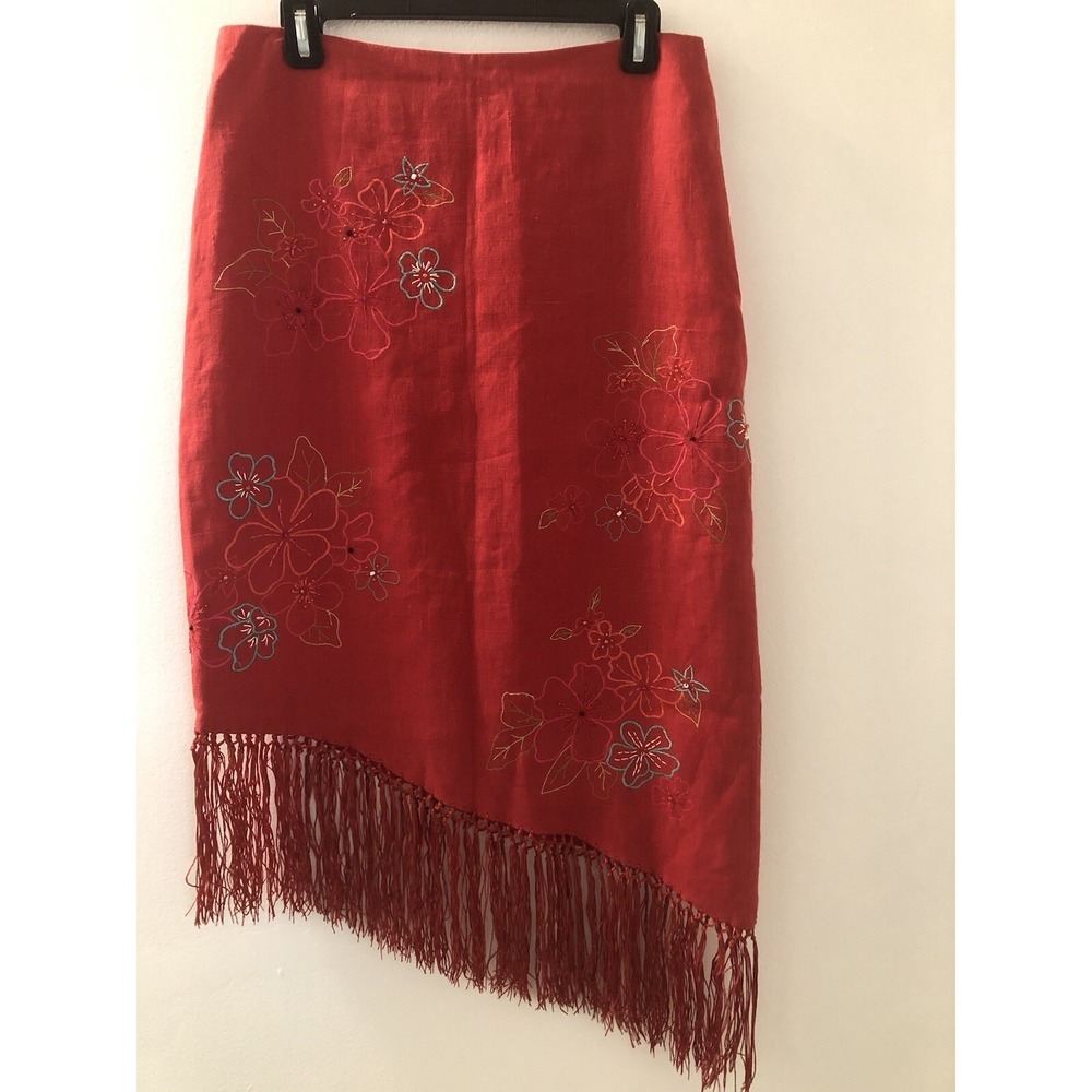 Lillie Rubin Skirt  Red With Embroidered Flowers And Fringe Size 8